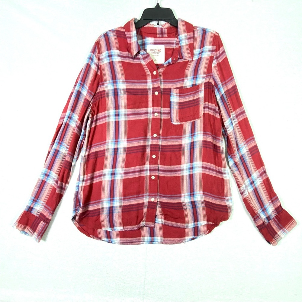 Mossimo Plaid Flannel Shirt Womens XL Red Blue Button Up Long Sleeve Western Top